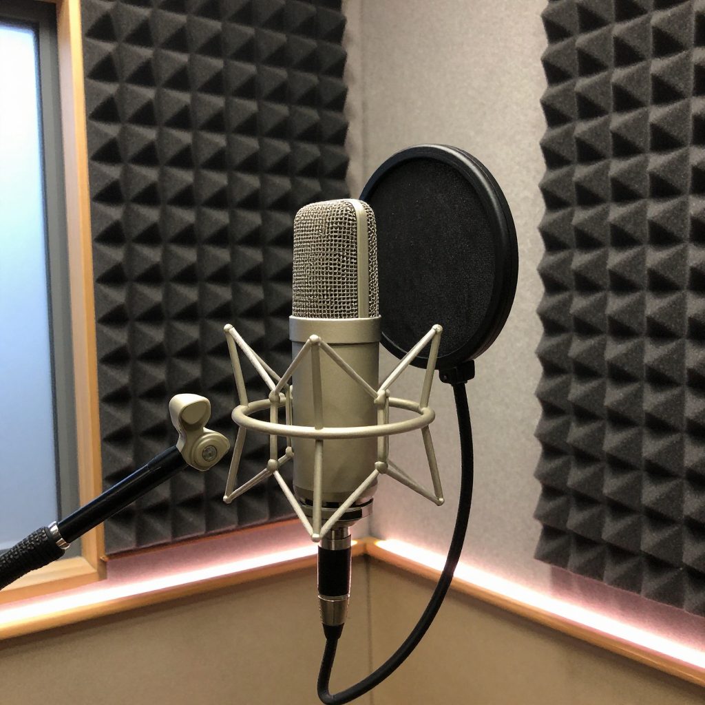 Close-up of a condenser microphone with pop filter and reflection filter in a vocal booth.