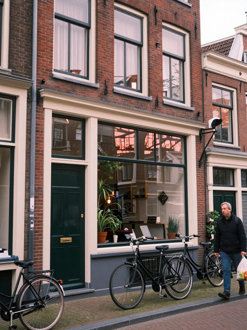 Bakstenen gevel aan de Kinkerstraat met groene deur, ramen en fietsen bij de railing.