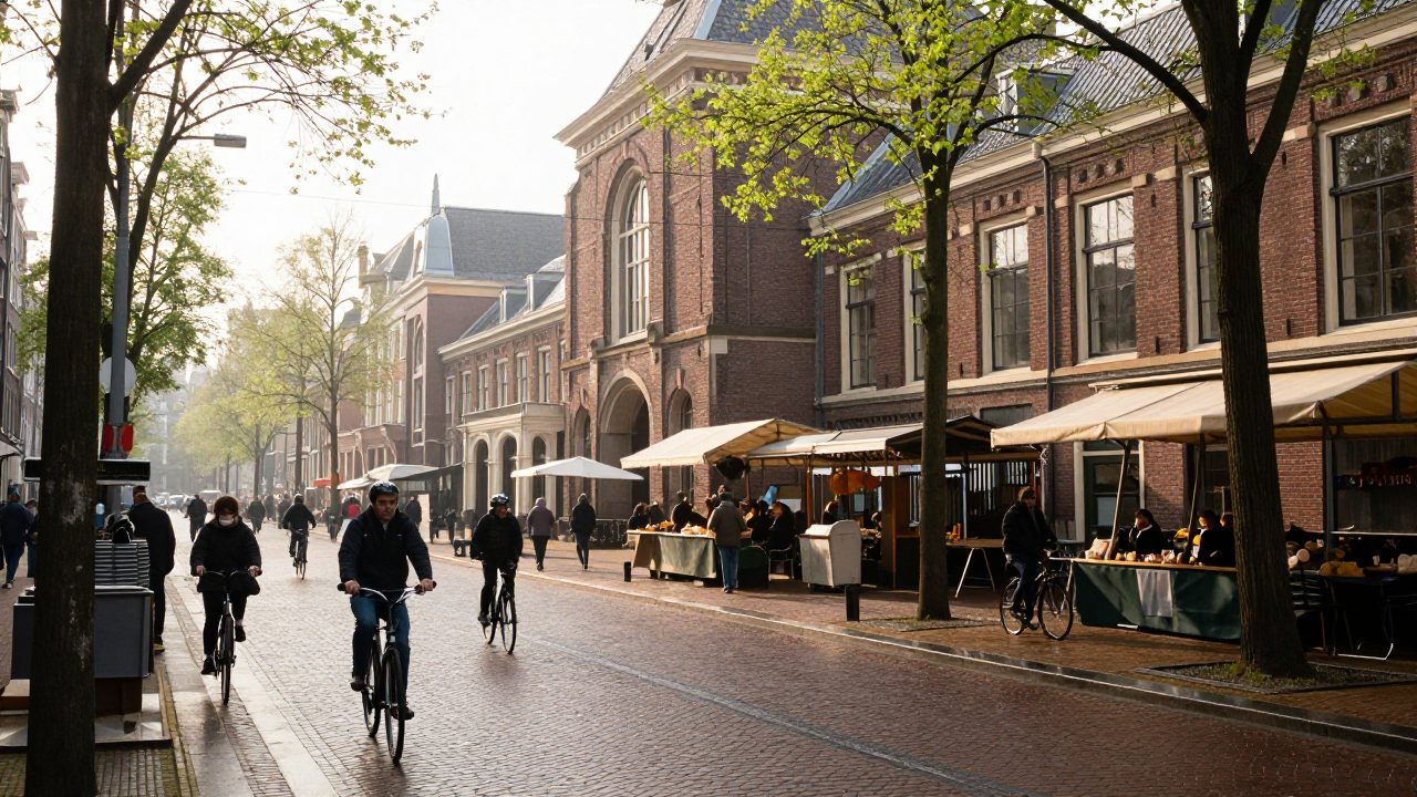 Morning view of the Kinkerstraat with cyclists, trees and De Hallen in the background.