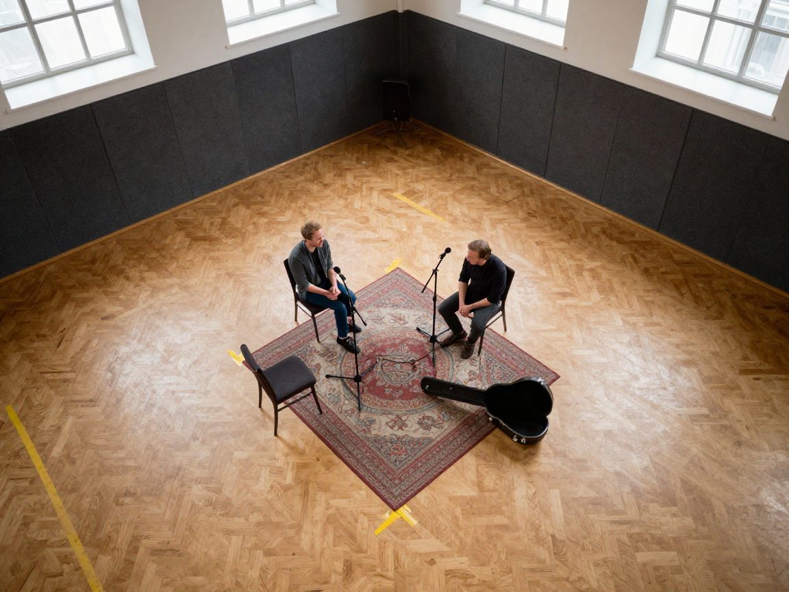 Overhead view of a setup with two microphones and chairs on a rug in the live room.