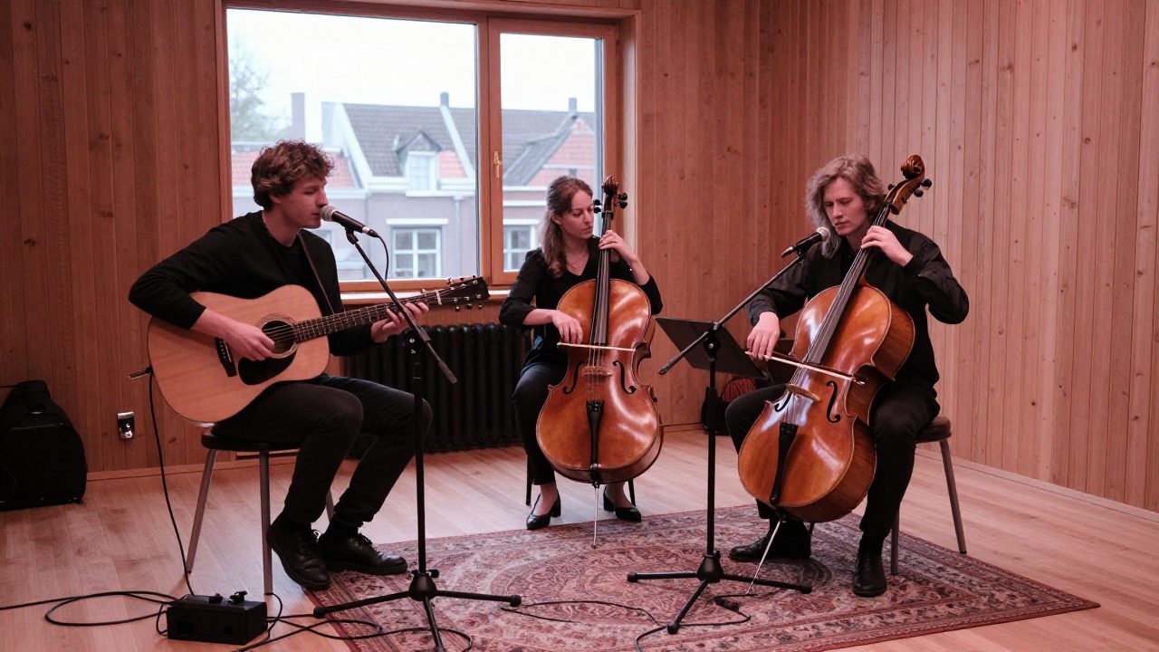 Drie musici spelen samen in een houten opnameruimte met elk een eigen microfoon.
