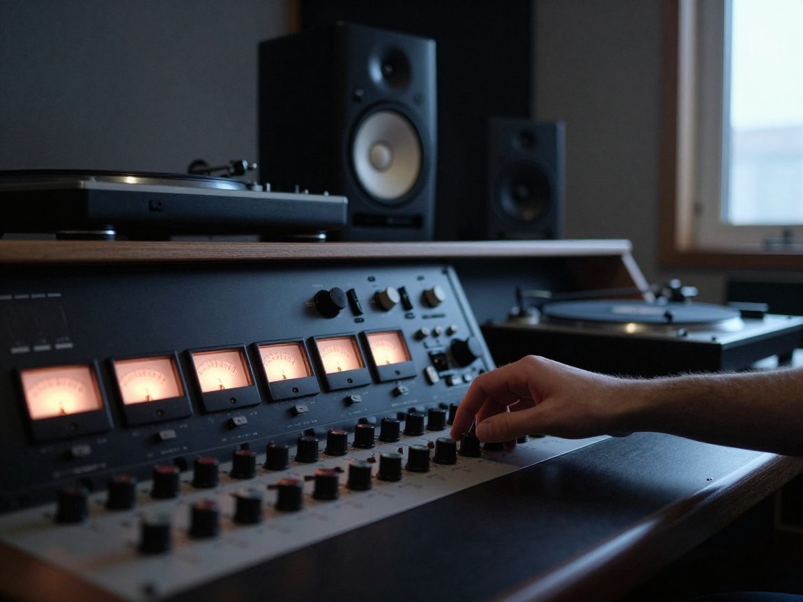 A hand near mastering gear with glowing meters and studio monitors in the background.