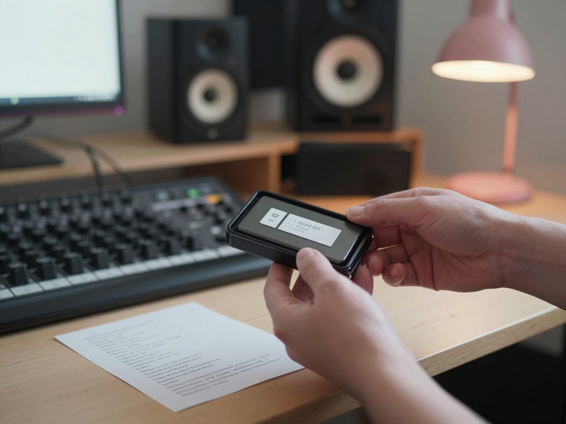 Two hands pass an external SSD across a wooden studio desk with gear in the background.