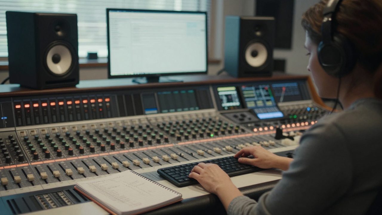 A mixing engineer adjusts faders at a console between studio monitors in the control room.