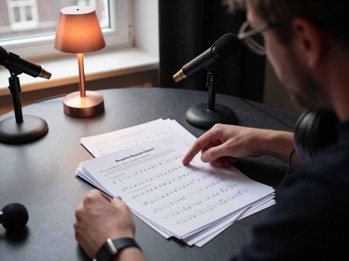 A podcast producer and guest discuss music choices at a table with headphones and mics.