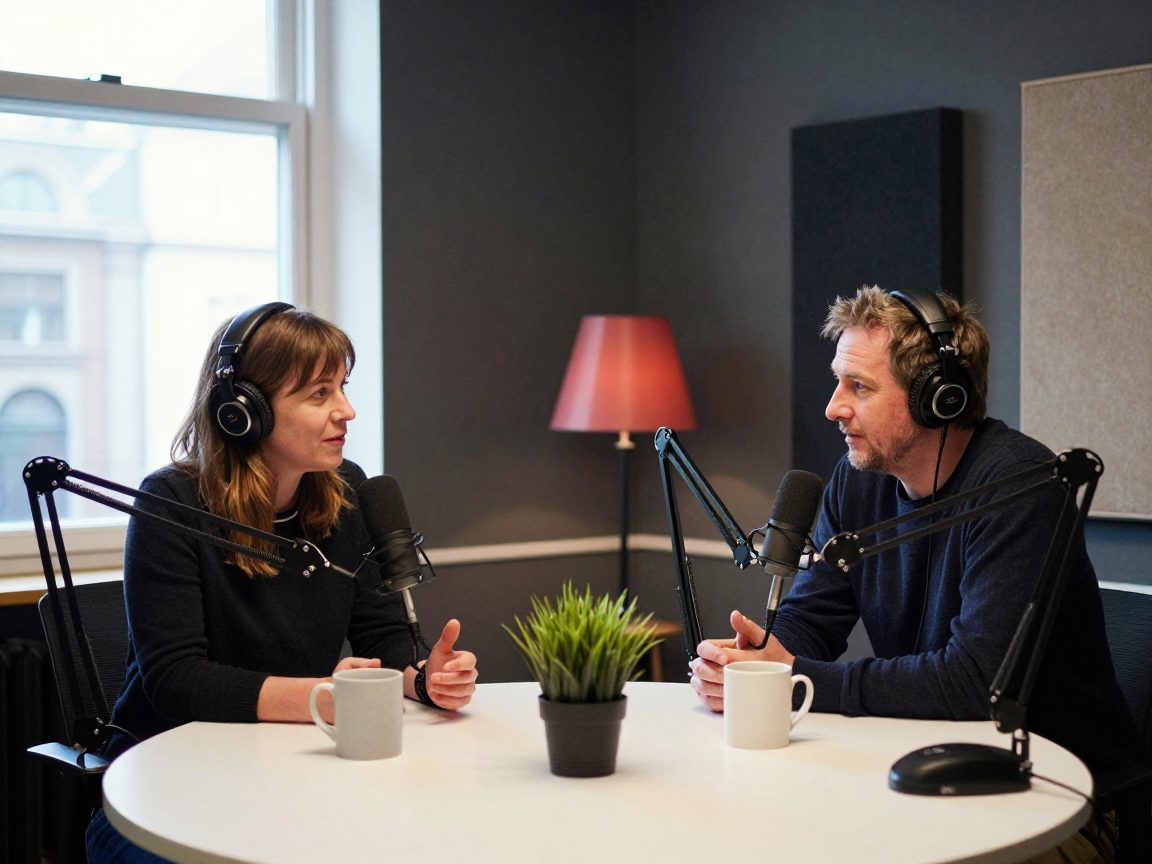 Two podcast hosts talk at a round table with boom microphones and headphones on.