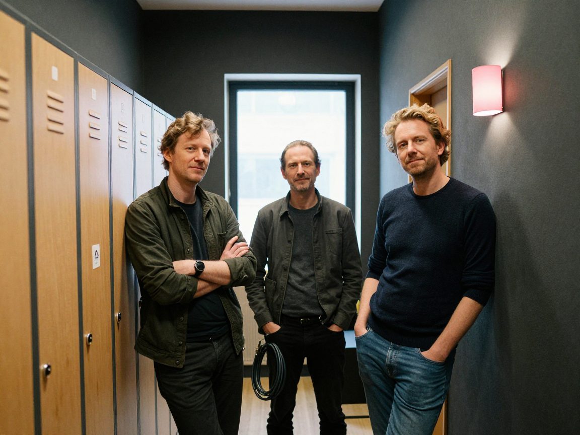 Drie studiemedewerkers staan ontspannen in een gang met houten lockers en daglicht.