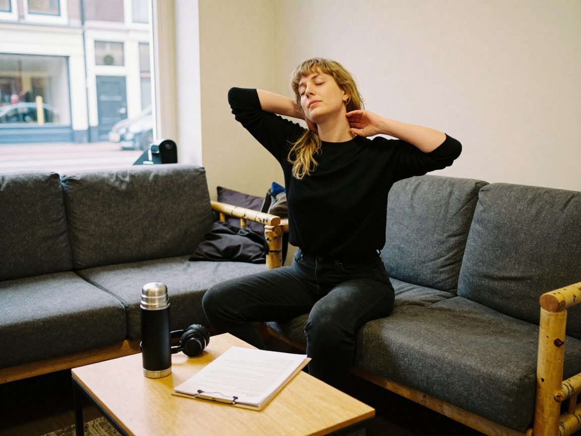 A singer stretches in a studio lounge with a thermos, lyrics on a clipboard and headphones.