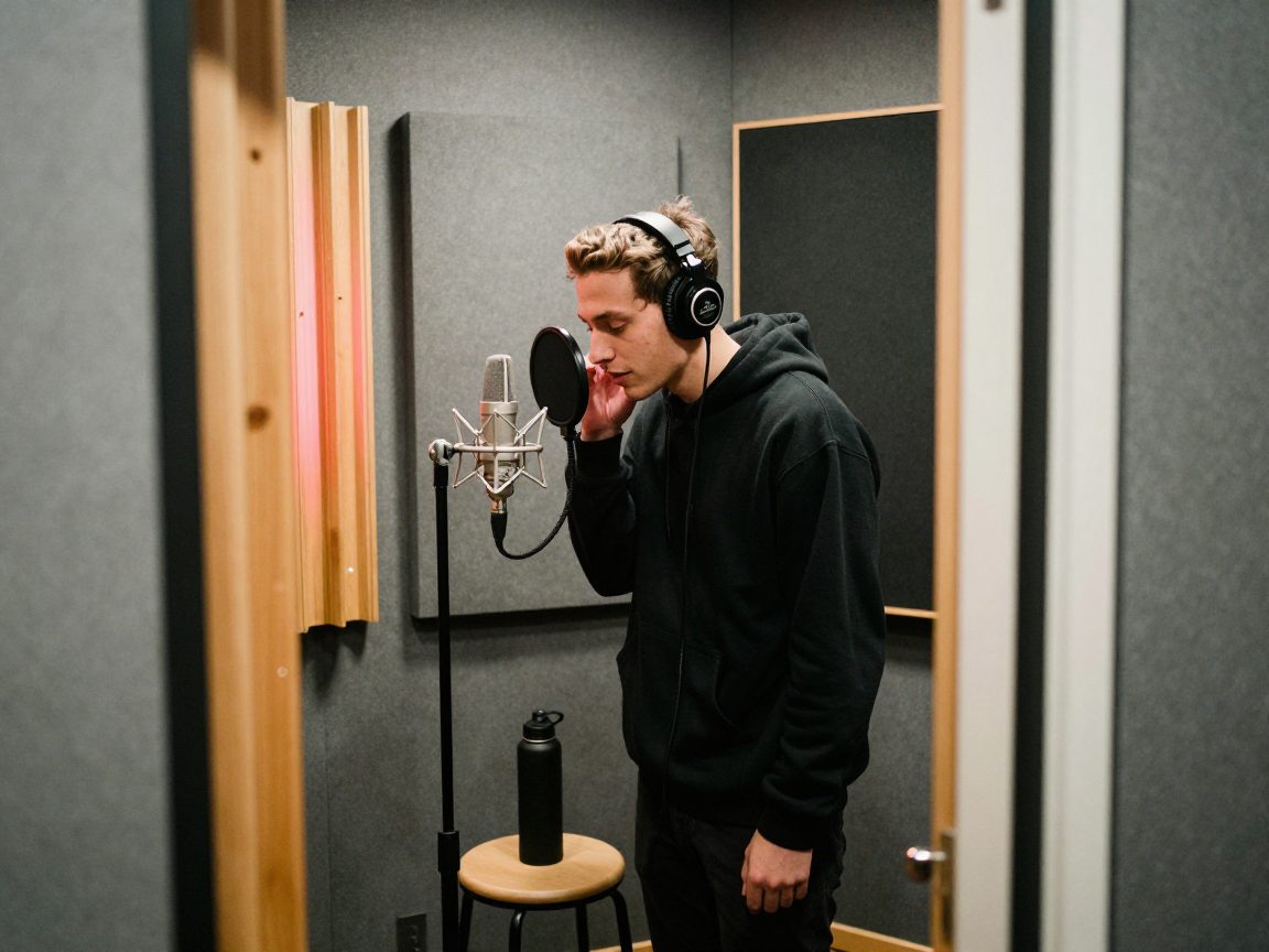 A rapper wearing headphones performs in a vocal booth with a pop filter and acoustic panels.
